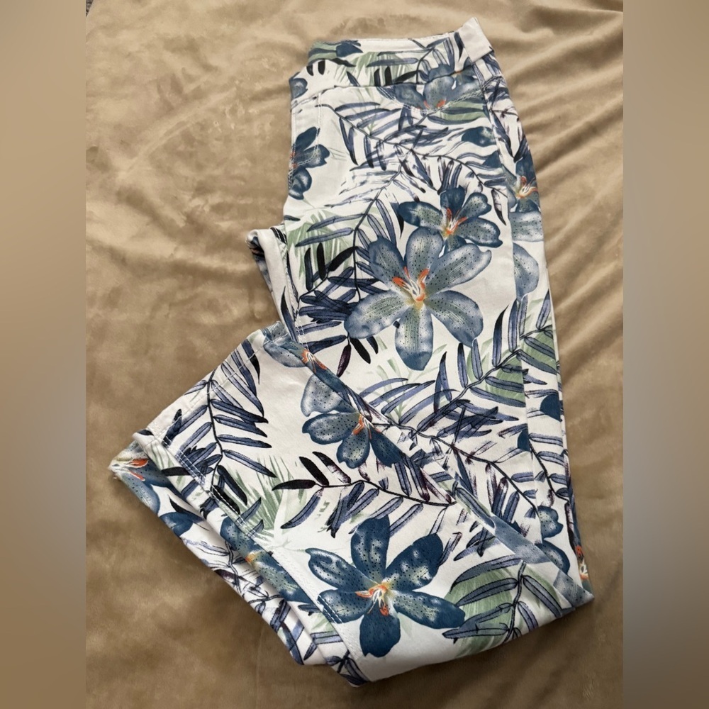 Soft Surroundings Floral Print Pants with Blue and Green Accents Petite XS
